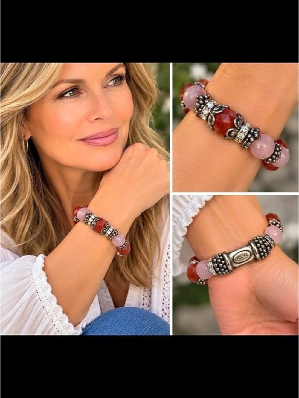 Rocki Gorman carnelian and rose quartz heavy sterling silver statement bracelet